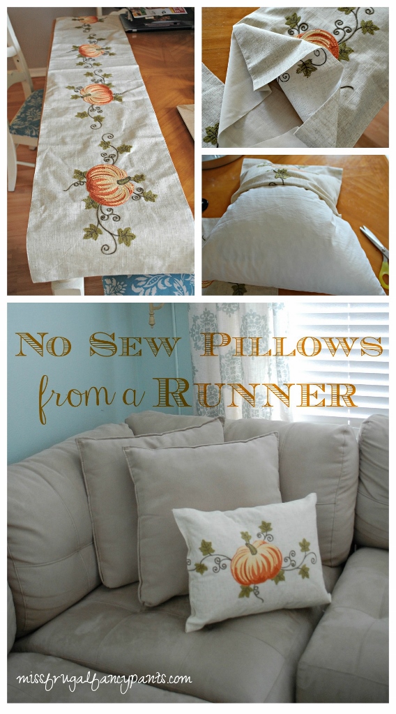 Easy DIY No Sew Pillows from a Table Runner | missfrugalfancypants.com