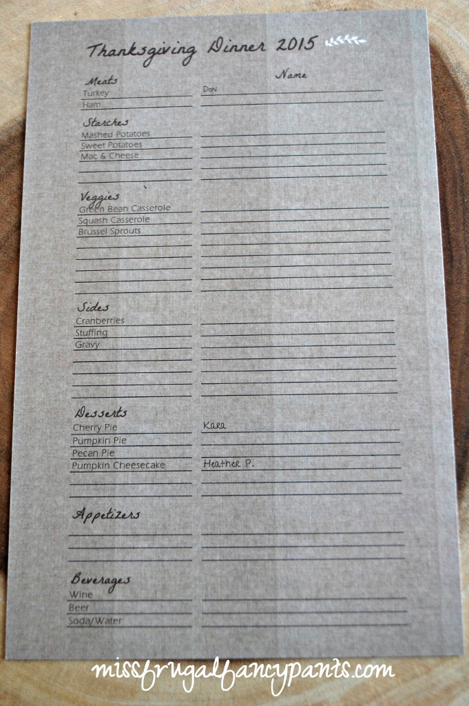 Send Guests a List (on the back of invitations) to Keep Track of Food Assignments for Potluck Thanksgiving | missfrugalfancypants.com