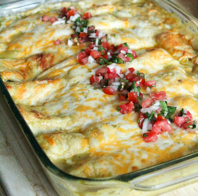 Chicken Enchiladas with Roasted Corn and Poblanos from our Produce Co-Op